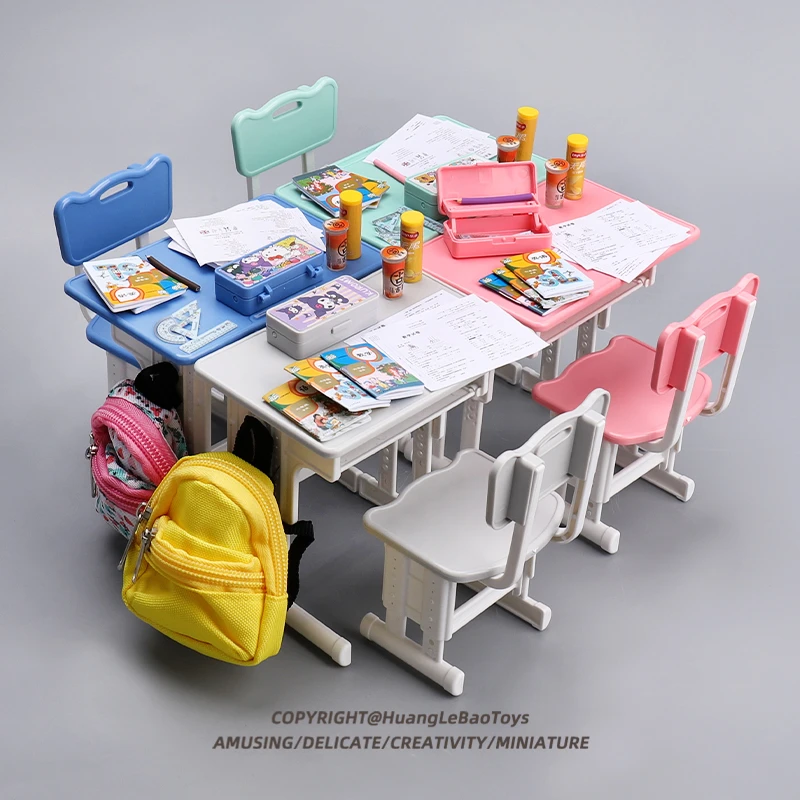 微缩迷你学习桌子仿真文具盒铅笔盒教师课桌椅娃娃屋配件模型玩具