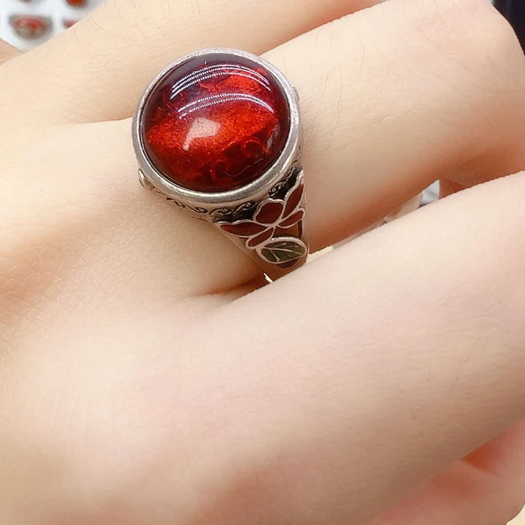 血珀银S925镶嵌戒指，