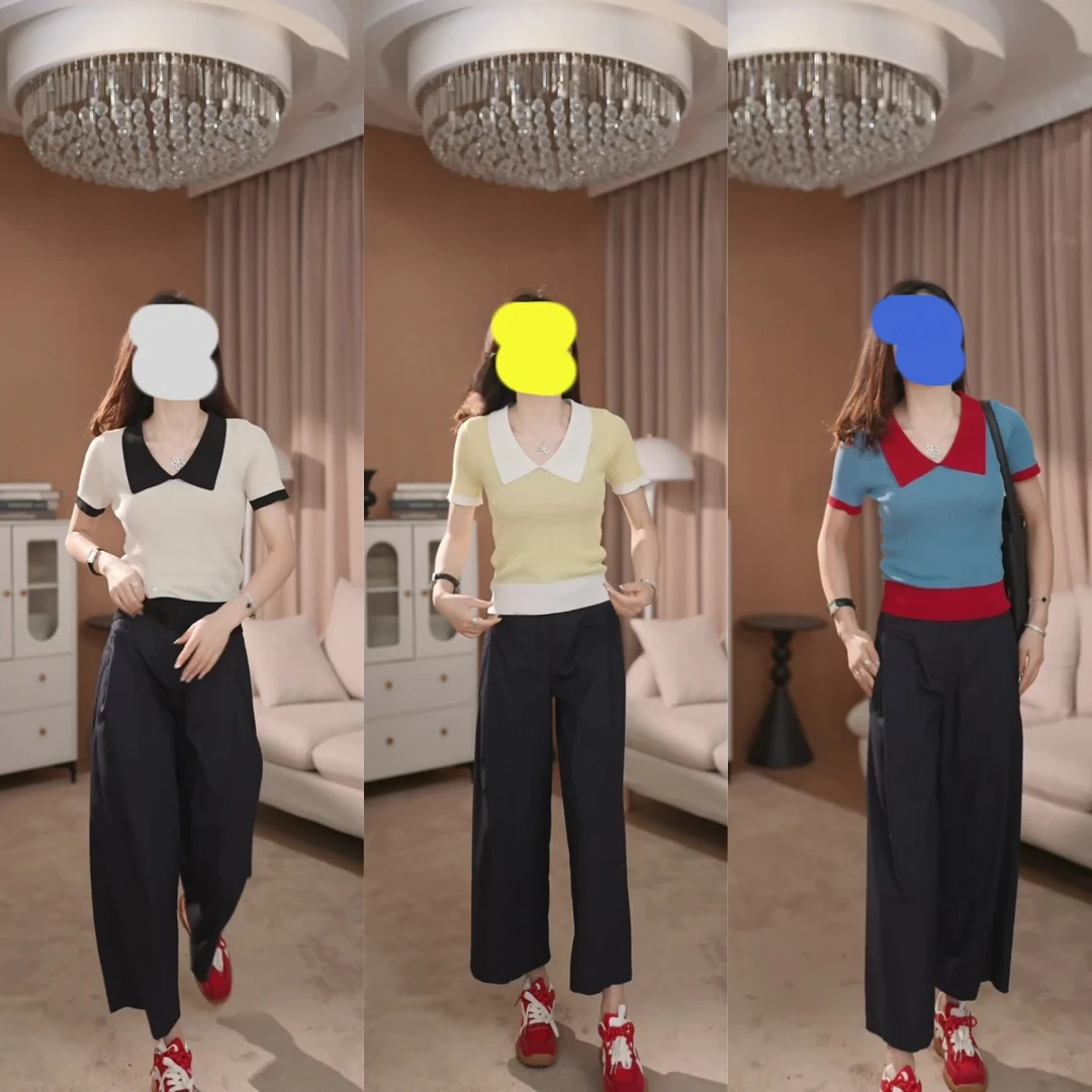 【卿本佳人】新款百搭T恤女撞色拼接设计感上衣洋气时尚撞色