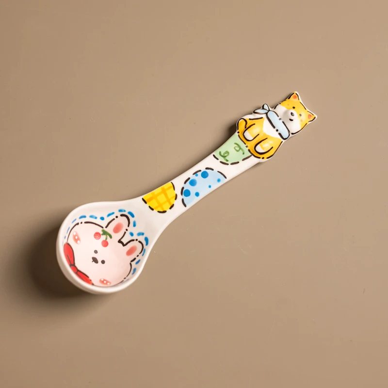 318立体柯基兔子手绘陶瓷大勺子马克杯