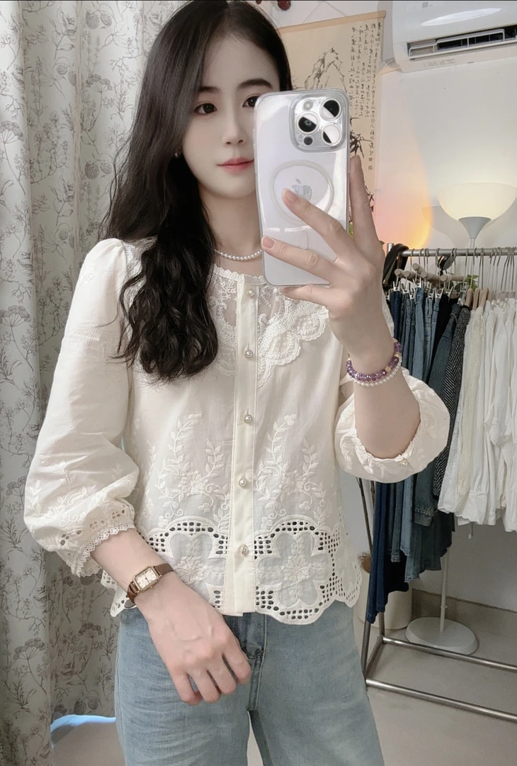 100%棉新款早秋七分袖衬衫女新款淑女小衫宽松甜美百搭上衣女