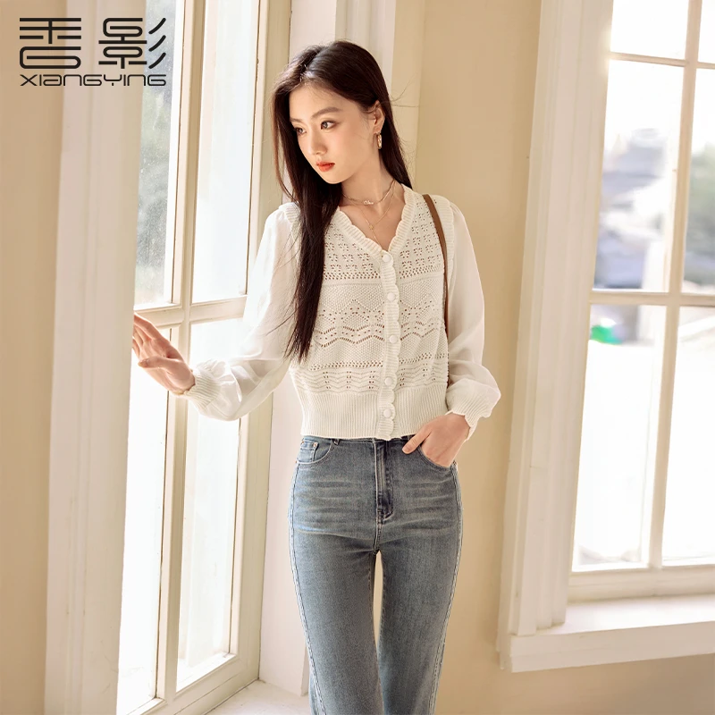 【许半夏推荐】Z851129毛针织衫香影欧若假日风v领镂空针织开衫新