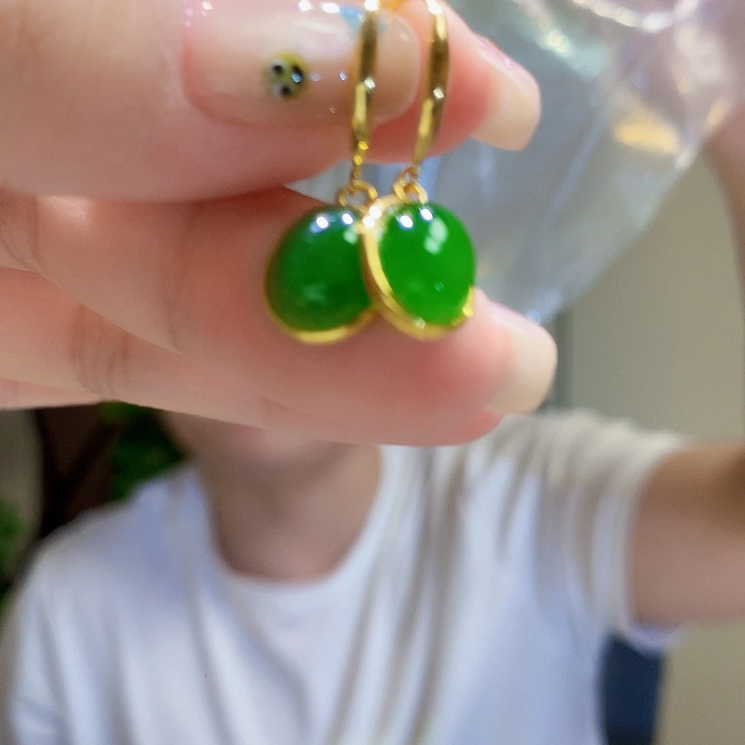 和田玉（碧玉）银S925镀金镶嵌耳饰