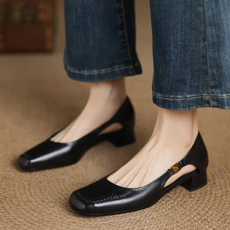 轻奢鞋子真皮浅口方头中跟粗跟女鞋 2025 新款复古法式气质时尚