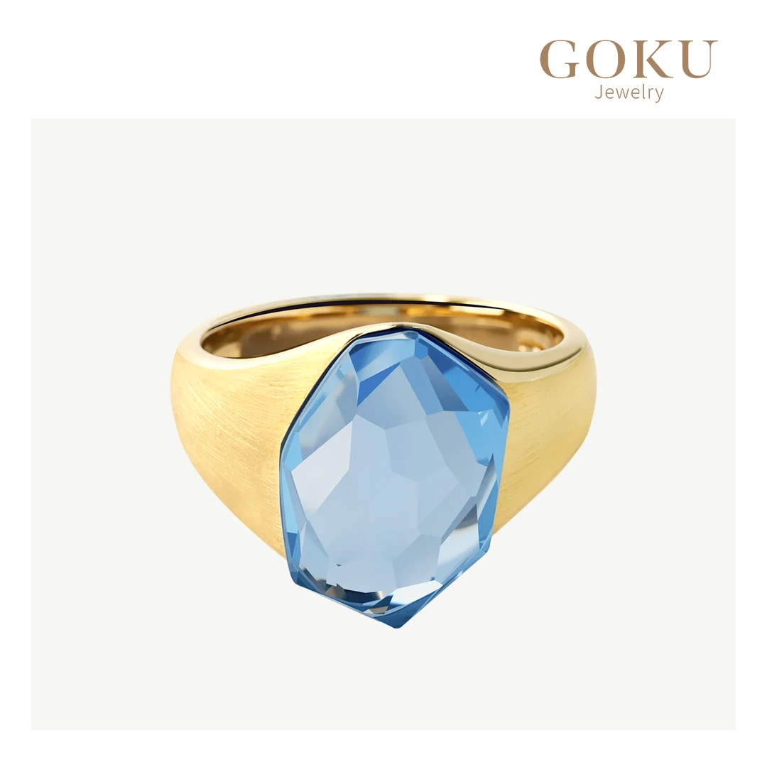 GOKU18K金戒指女竖版托帕石随形切割面女戒拉丝蓝色时尚男女对戒