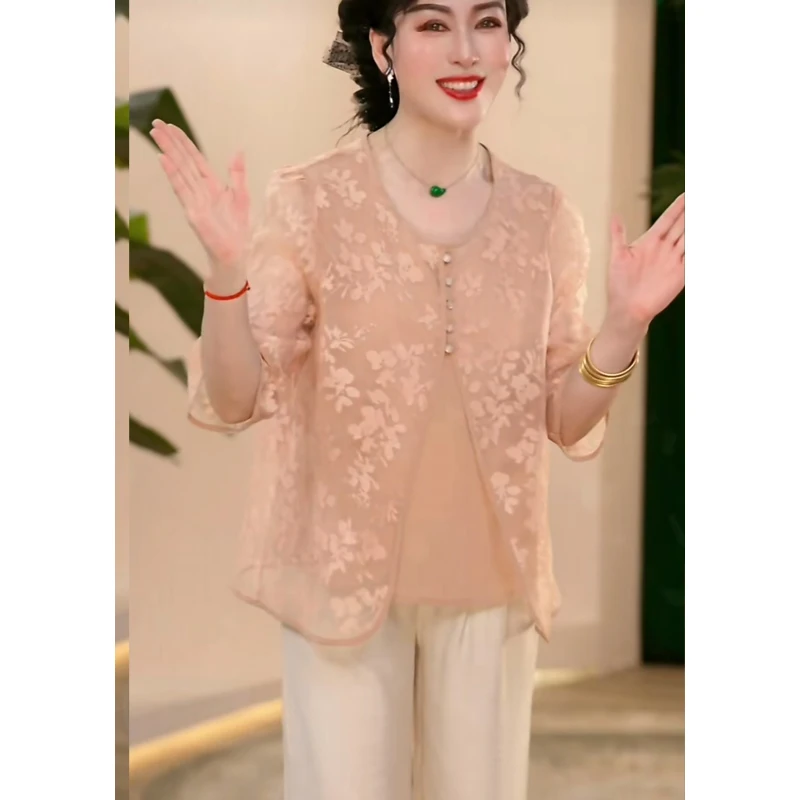 气质妈妈装复古V领民族风T恤法式中老年女装雪纺衫中式洋气小衫夏