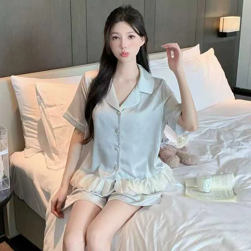 睡衣女款爆款2025新款冰丝甜美风短袖短裤两件套可外穿家居服套装