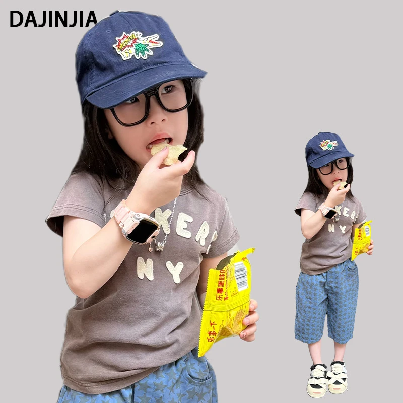 大金定制潮牌自制25夏季新款灰色重工刺绣贴布字母男女童潮领T恤