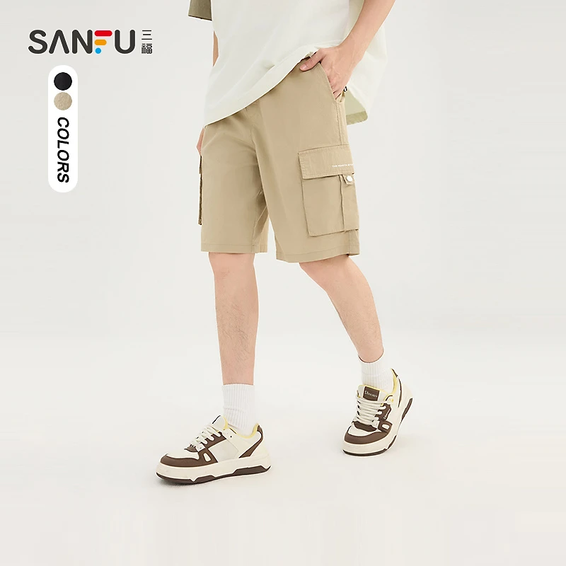 三福2025夏季男士休闲工装中裤 时尚宽松橡筋腰裤子496150