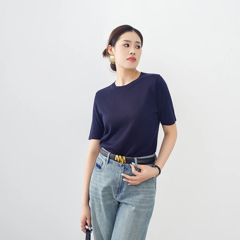 【小费班长】100%莱赛尔女装圆领套头显瘦减龄短袖针织衫51A010226