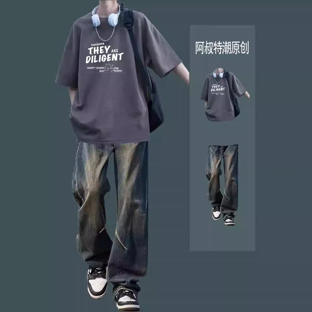男士夏季2025新款美式潮牌纯棉圆领短袖t恤套装宽松体恤上衣百搭