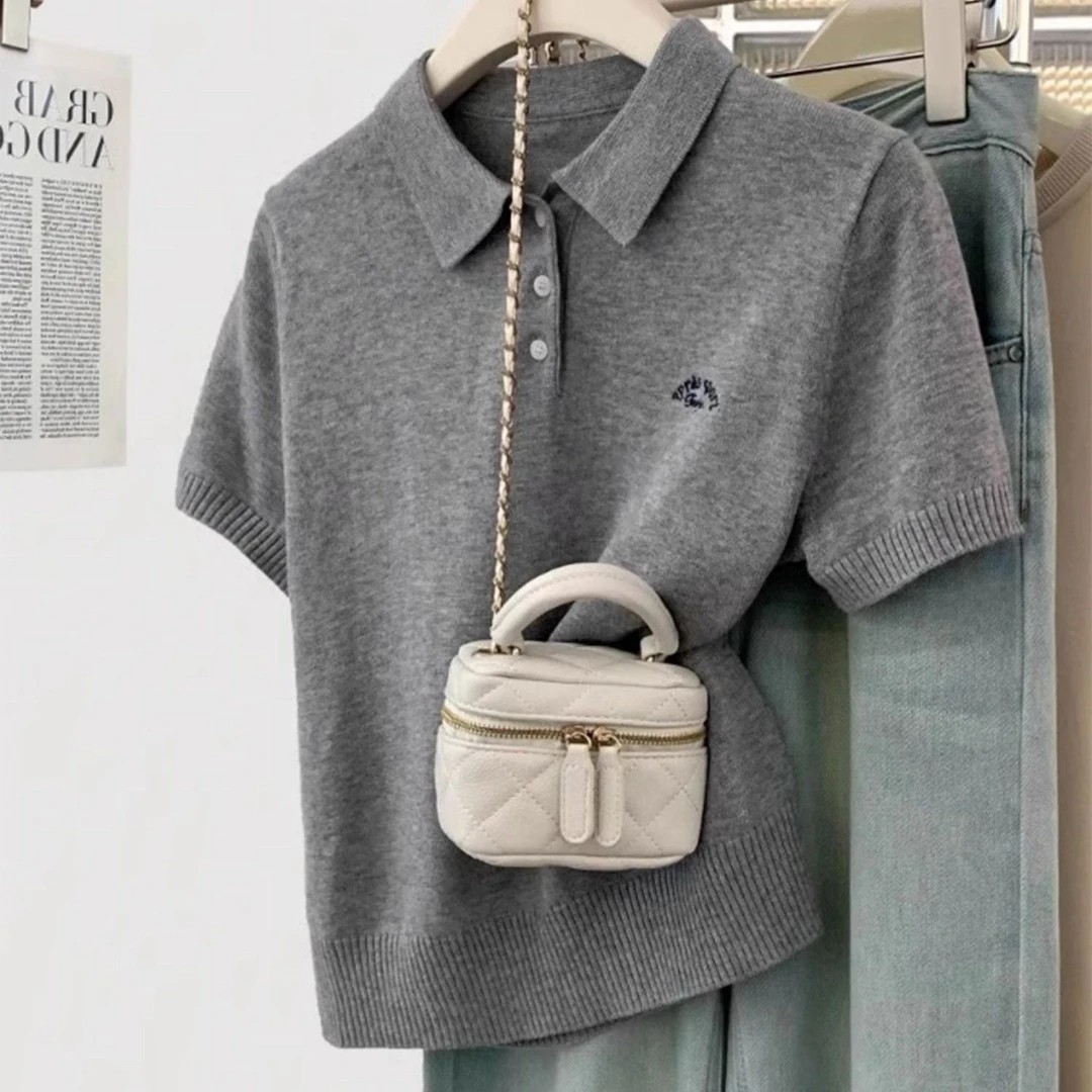 POLO领刺绣短袖上衣女士夏季薄款冰丝针织衫宽松大码休闲洋气T恤