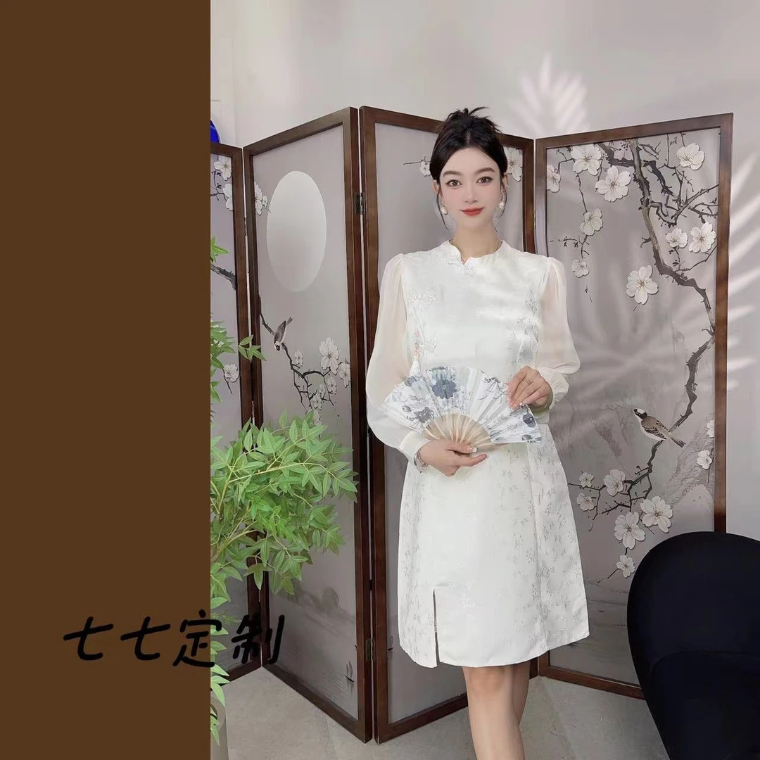 新款国风复古提花流苏盘扣收腰旗袍连衣裙6603