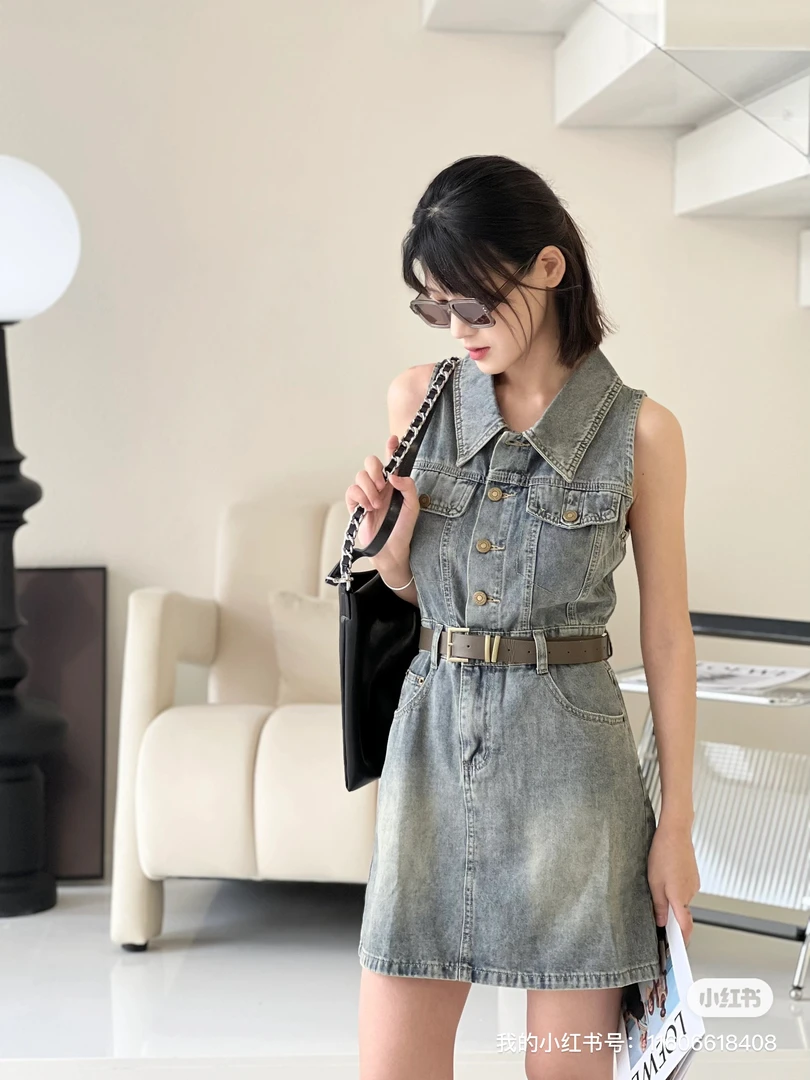 复古收腰无袖牛仔连衣裙女夏季美式翻领显瘦短裙