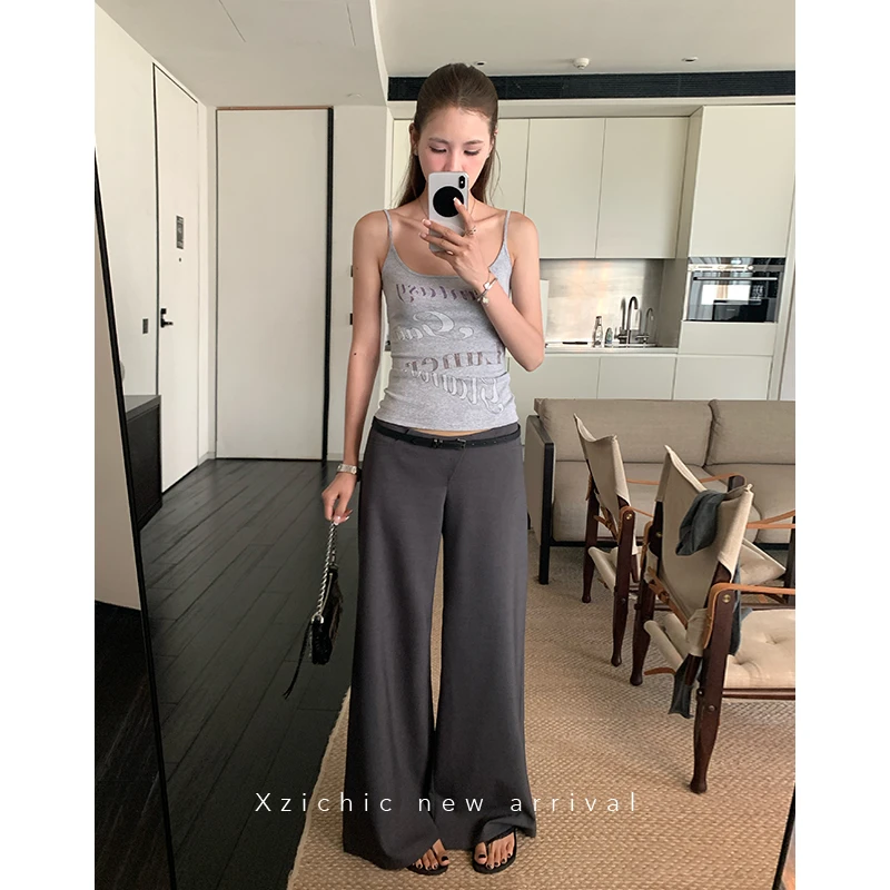 Xzichic高智姐姐休闲裤斜门襟长裤显瘦西装裤女2025夏季拖地裤子