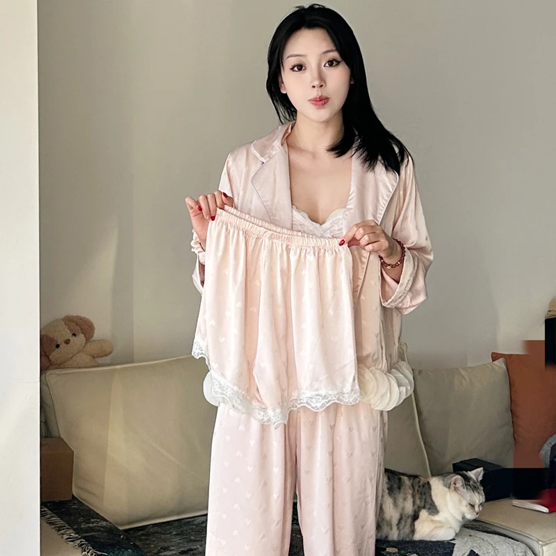 [5件套]夏季睡衣女款2025新款冰丝睡衣高级感带胸垫家居服套装