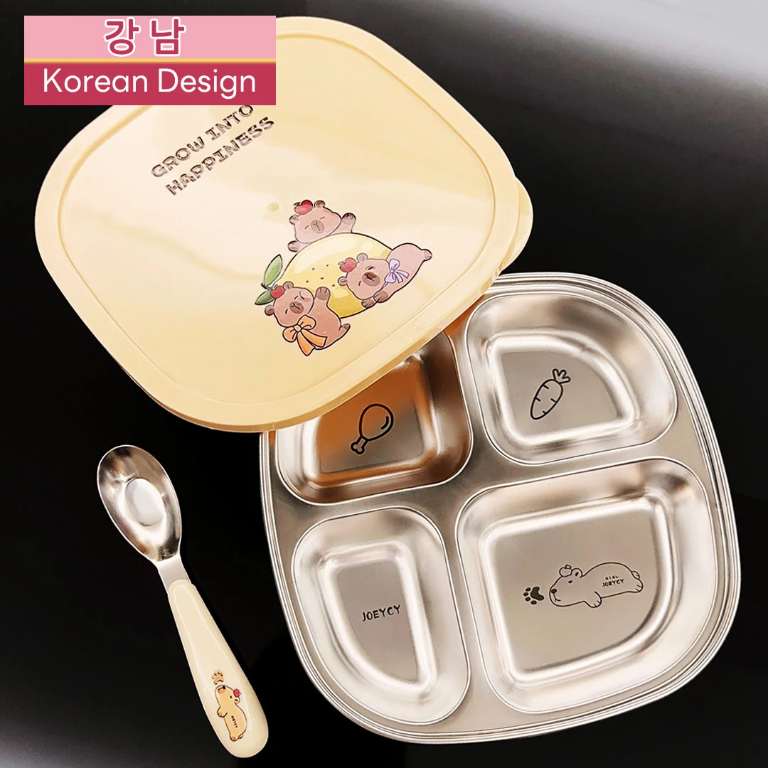 卡皮巴拉316不锈钢分格餐盘不串味带盖子勺子四格便当盒上班上学