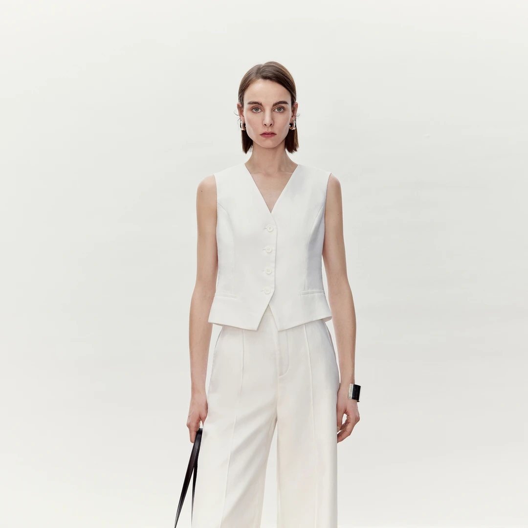 LYNEE 抗皱亚麻简约V领收腰马甲夏季新款时尚百搭马夹LGD2FSW006