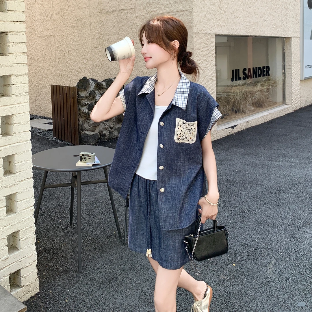 格纹拼接牛仔套装女夏季2025新款今年流行爆款高腰半身裙两件套