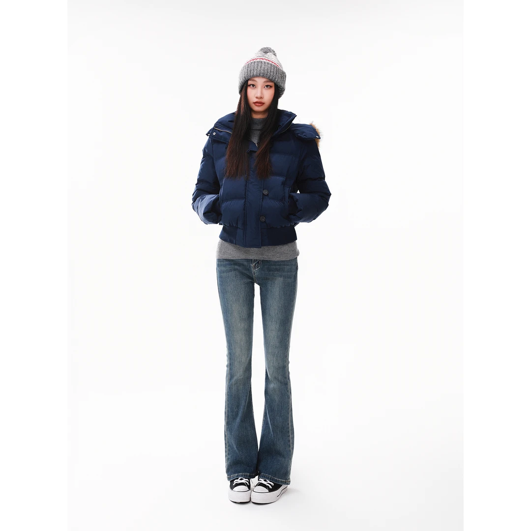 韩系南区菲欧娜藏青连帽毛领棉服外套女秋冬新款2024短款