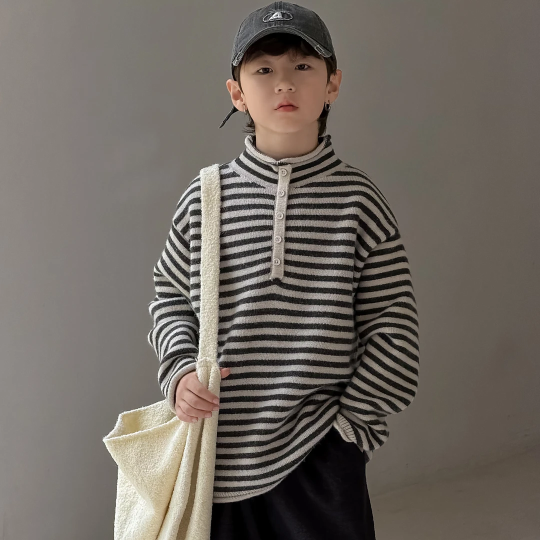 男童条纹毛衣2025年冬季新款中大男童洋气百搭休闲纽扣半高领毛衣