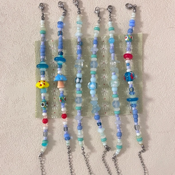 不锈钢琉璃手链 蓝色海洋风琉璃手工