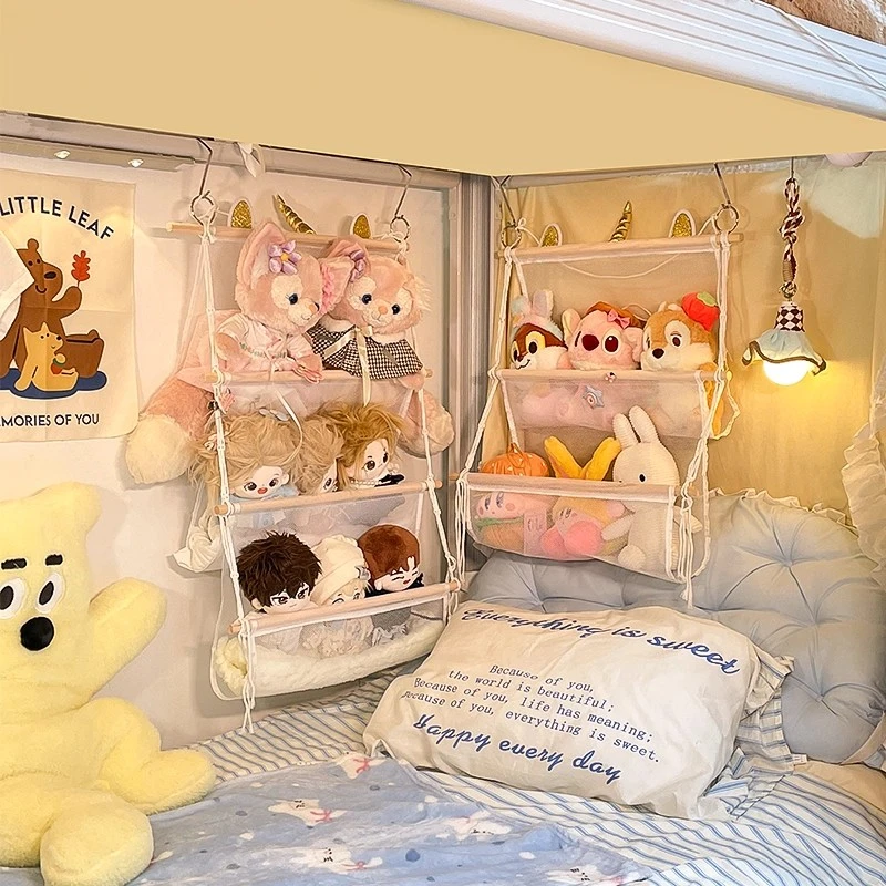 大宿小舍棉花娃娃收纳吊床墙壁置物网兜挂袋床边多层玩偶上墙神器