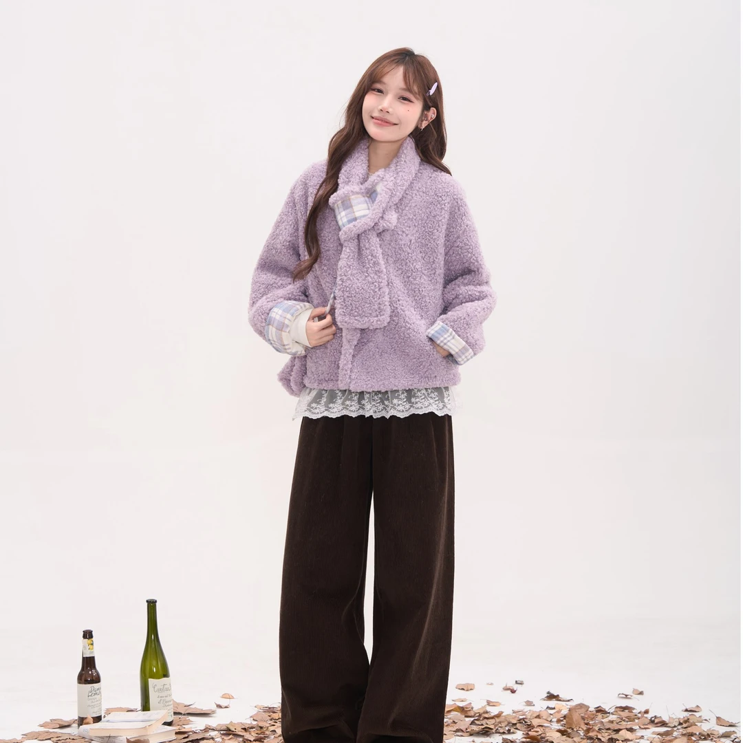 韩版短款三件套冬季保暖时尚简约百搭单排扣宽松外套女58093