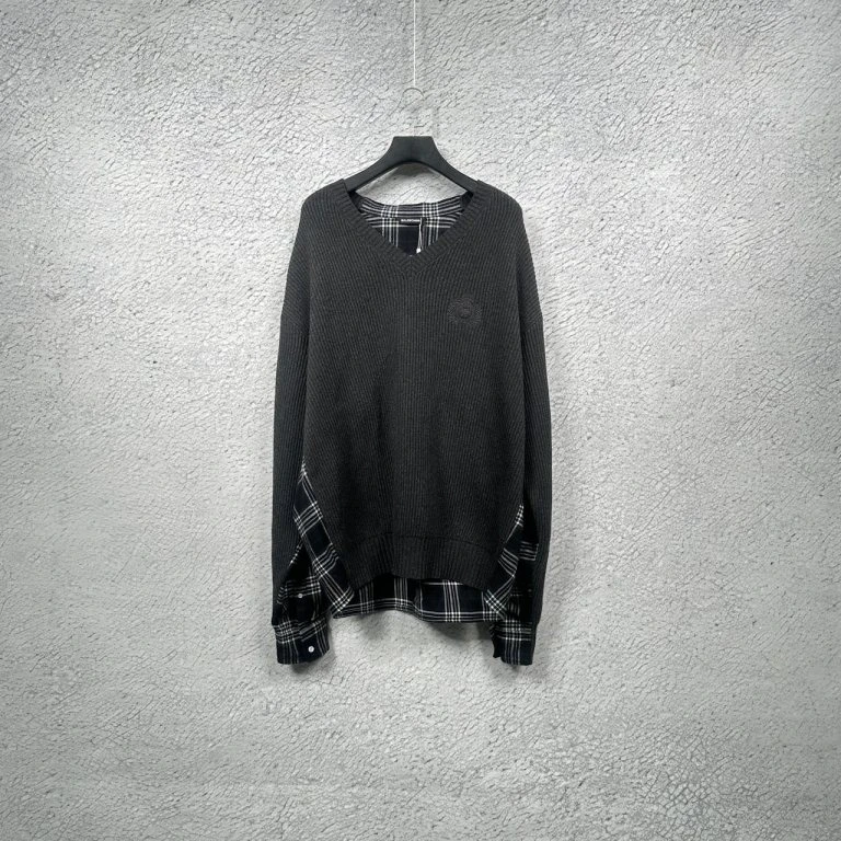 未使用 Balenciaga/巴黎世家 黑灰色麦穗刺绣格纹拼接毛衣