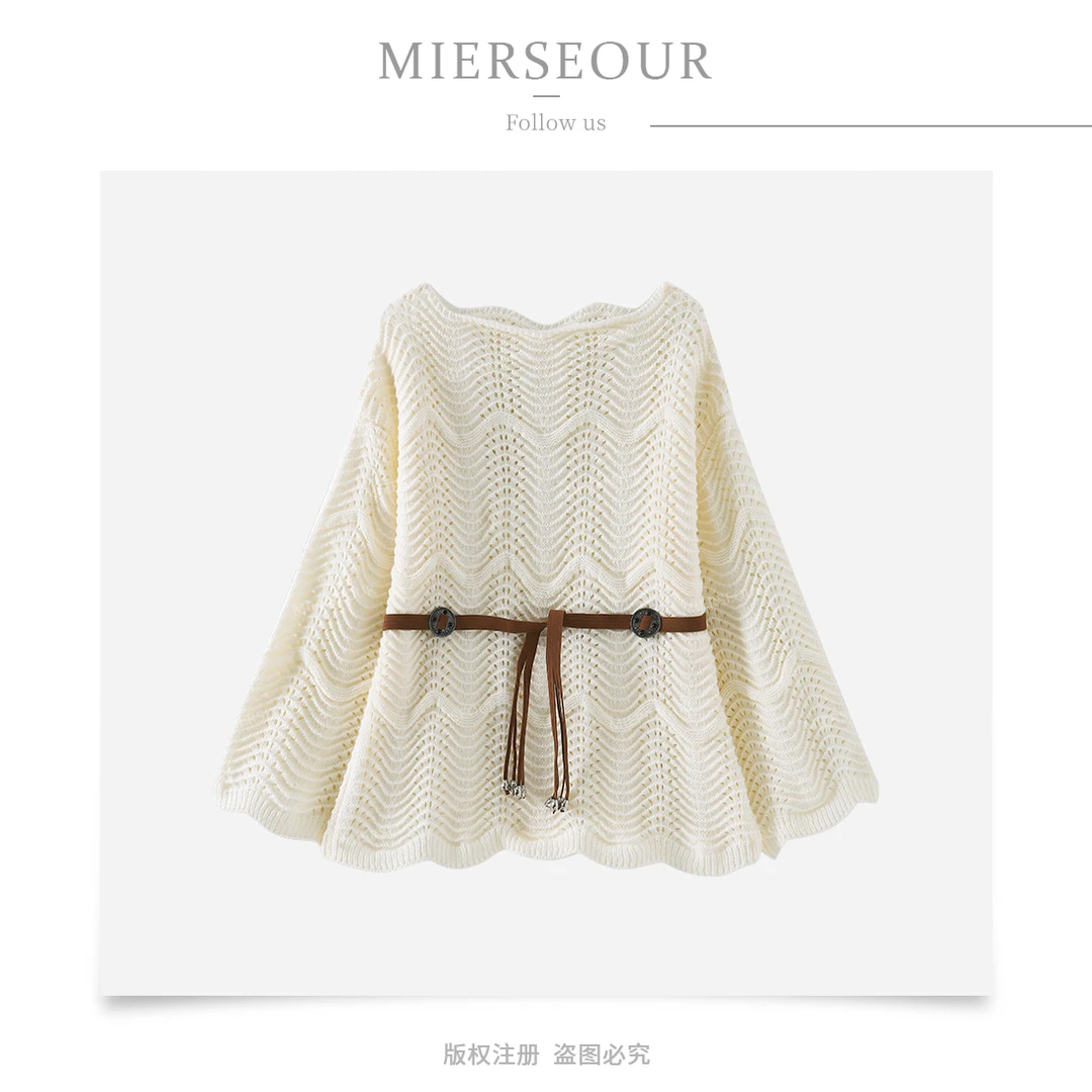 韩系洋气减龄腰带收腰显瘦毛衣女2025春秋季新款镂空长袖针织上衣