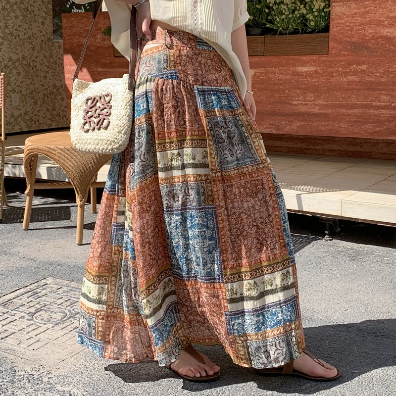 100棉麻半身裙夏季新款2025复古民族风印花防走光过膝长裙子