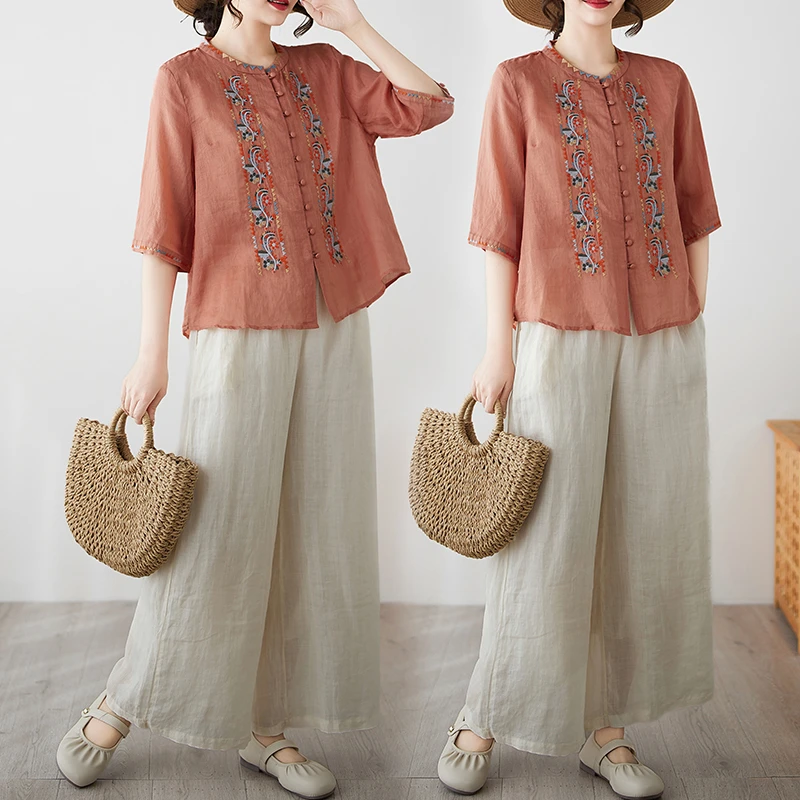 文艺纯色高端苎麻衬衫女刺绣夏季宽松显瘦五分袖轻薄小衫麻料套装
