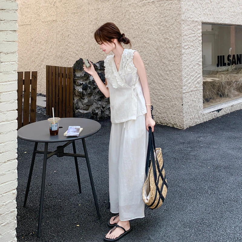 立体花朵无袖背心阔腿裤2025夏季新款气质法式老钱风时尚显瘦套装