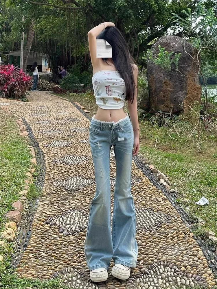 浅蓝色蕾丝低腰微喇牛仔裤女修身显瘦辣妹设计感高个子加长拖地裤