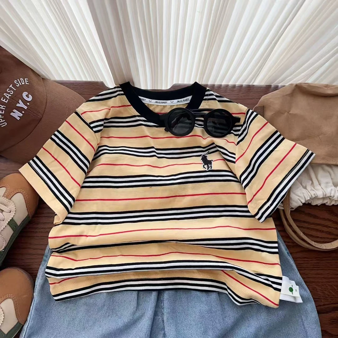 【JMJQ 25539】夏季新款经典宝莉条儿童休闲时尚刺绣条纹圆领短袖