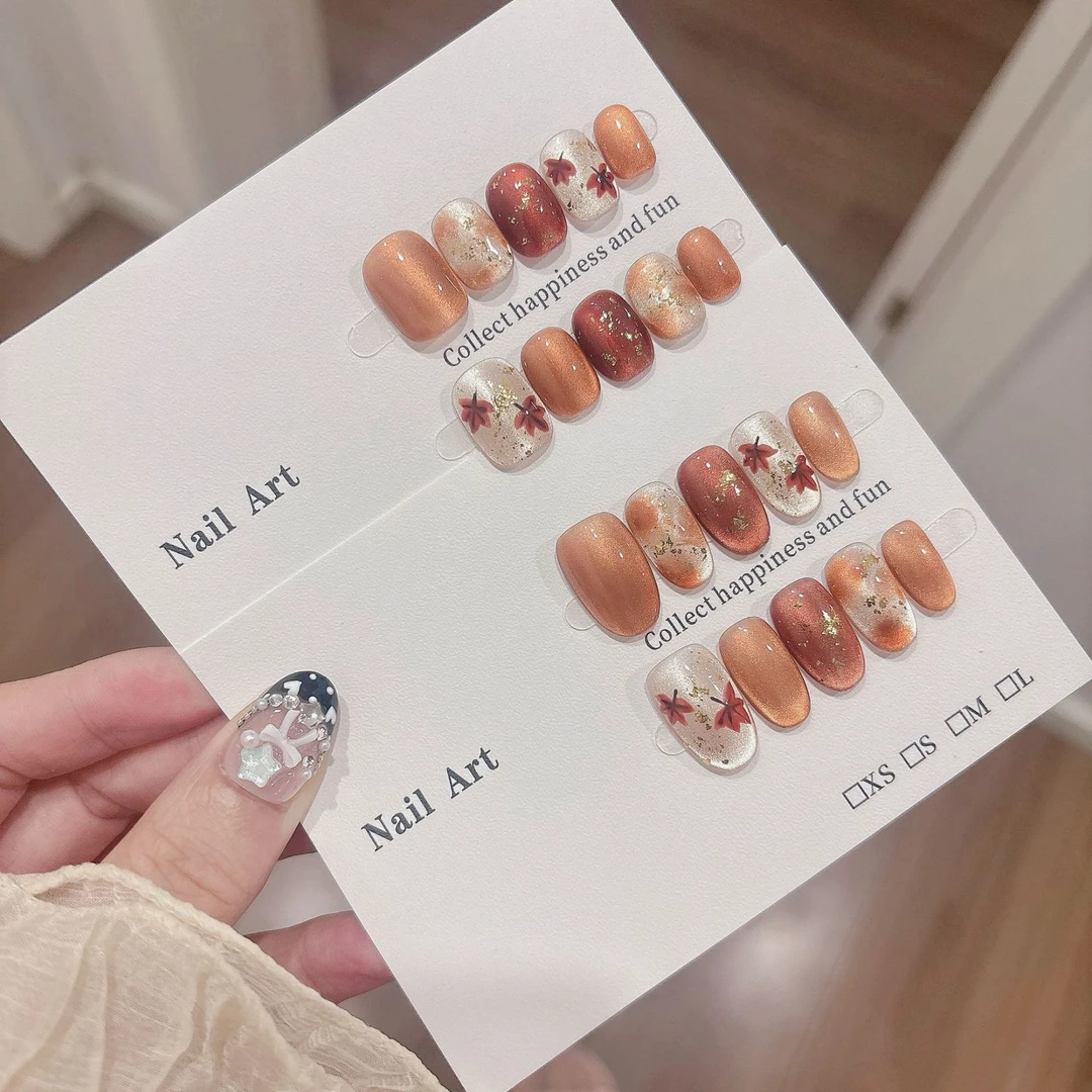 【CreamBubbles】手工穿戴甲缤纷枫叶爆闪猫眼秋季手绘枫叶晕染