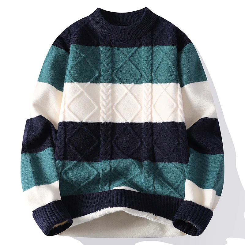 彩色条纹毛衣男款冬季不起球不粘毛圆领拼色毛线衣青少年学生毛衫