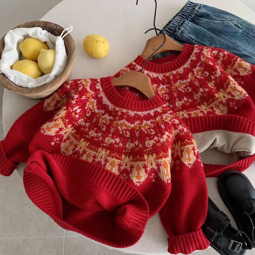 加厚儿童毛衣喜庆红色新年服冬季韩版男女宝宝加厚保暖针织衫上衣