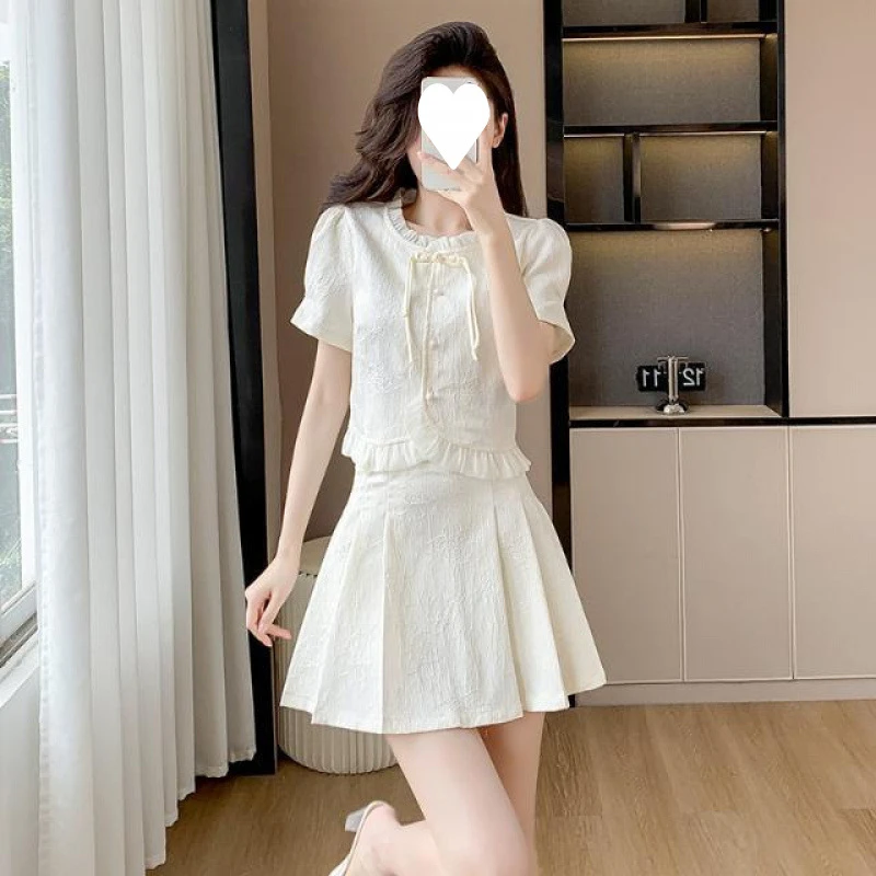 新中式国风套装裙女夏高级感轻奢气质旗袍上衣配百褶半身裙两件套