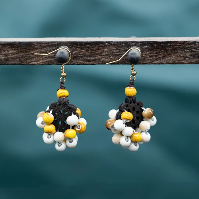 铜合金陶瓷耳饰 原创设计波西米亚民族风 手作气质时尚编织耳环