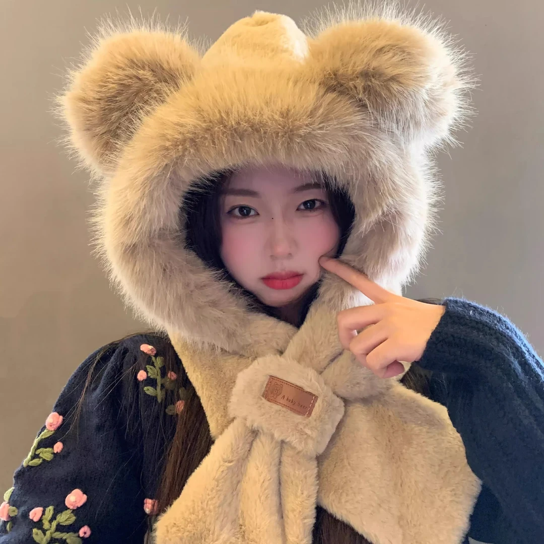 小熊耳朵帽子围巾一体女冬季可爱加绒保暖帽围脖防风御寒毛绒帽子