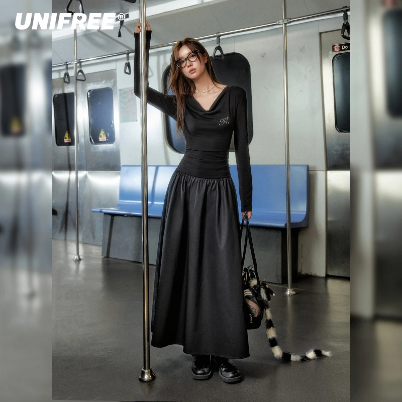 【小呆鸟专属】UNIFREE黑色v领长袖连衣裙堆堆领U243I075V1V1