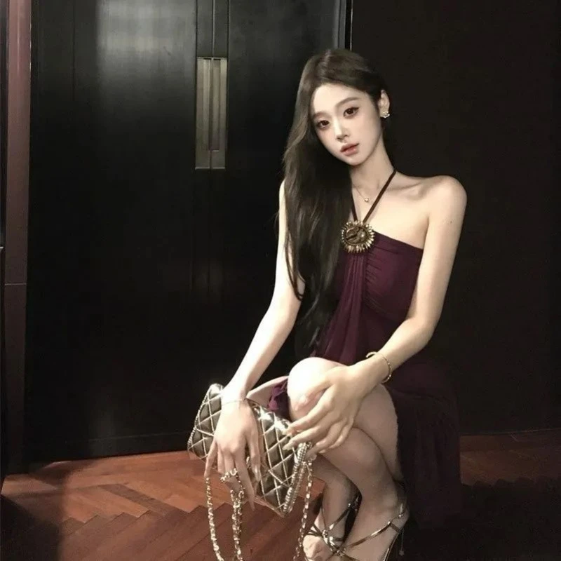 挂脖式法式气质紫色挂脖连衣裙女装夏季小个子复古收腰修身A字裙