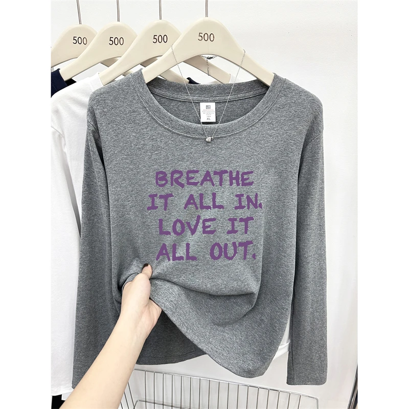 大码正肩长袖T恤内搭女早秋季2025新款韩版休闲字母印花圆领上衣