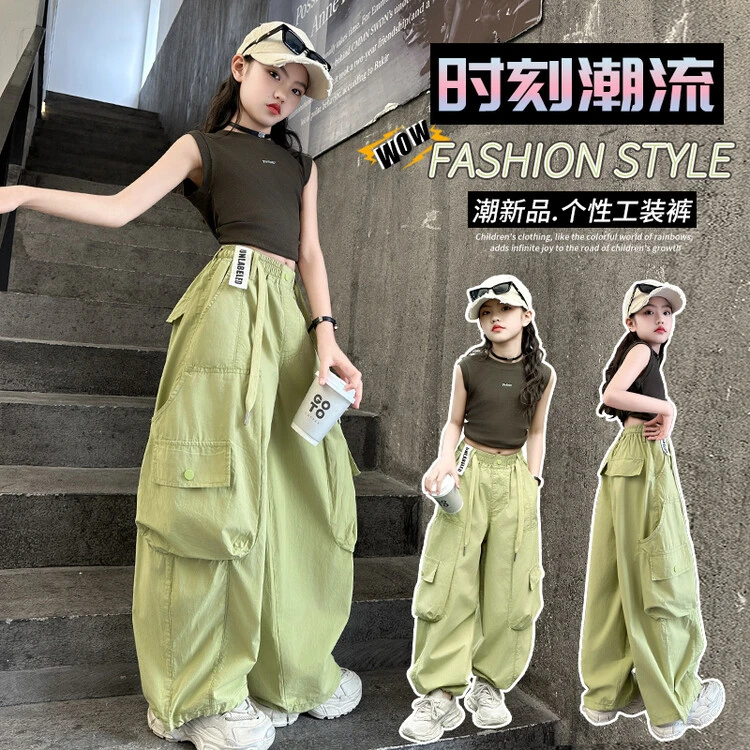 女童韩版工装裤夏季2025新款儿童高腰长裤夏装中大童洋气阔腿裤潮