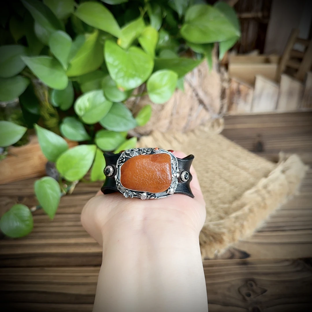 【古香古色】原创复古s925银蜜蜡琥珀皮手镯（开口可调节）