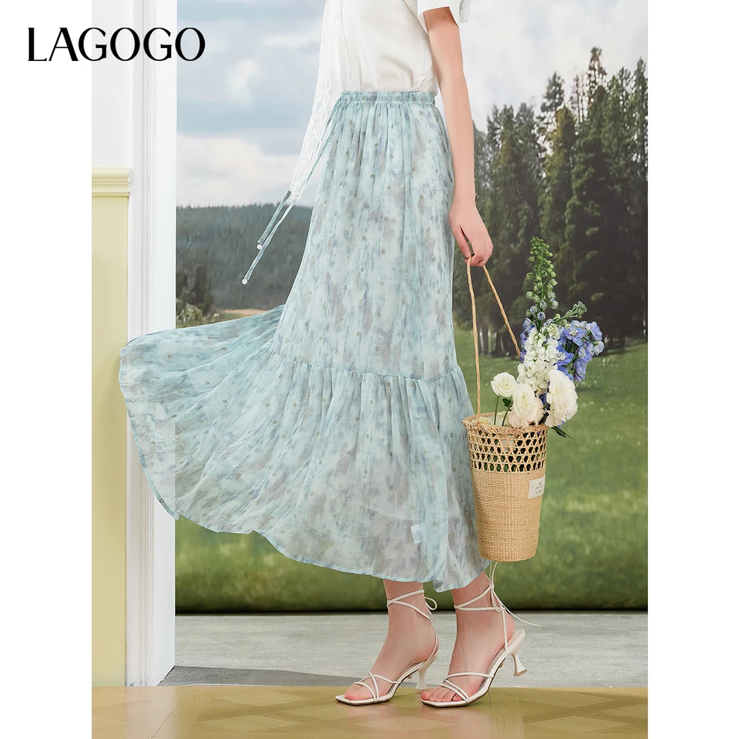 lagogo2025新款晕染风印花轻盈雪纺半裙女OABB304WD9