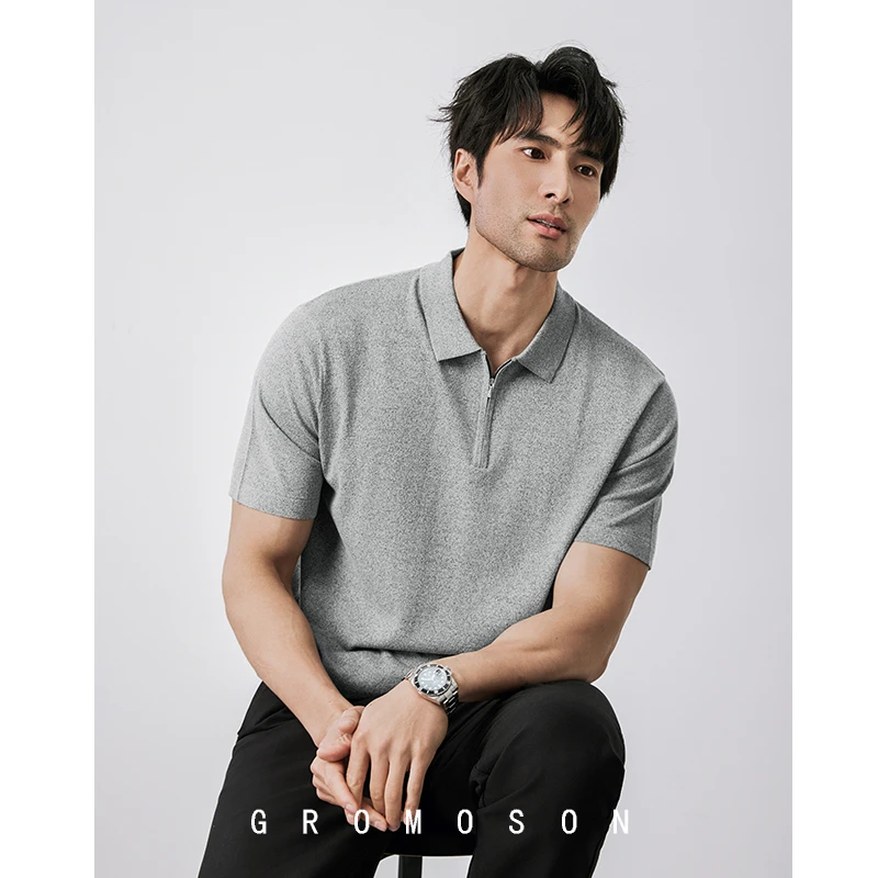 夏季莱赛尔16针凉感拉链POLO衫男士通勤休闲冰丝翻领针织短袖T恤