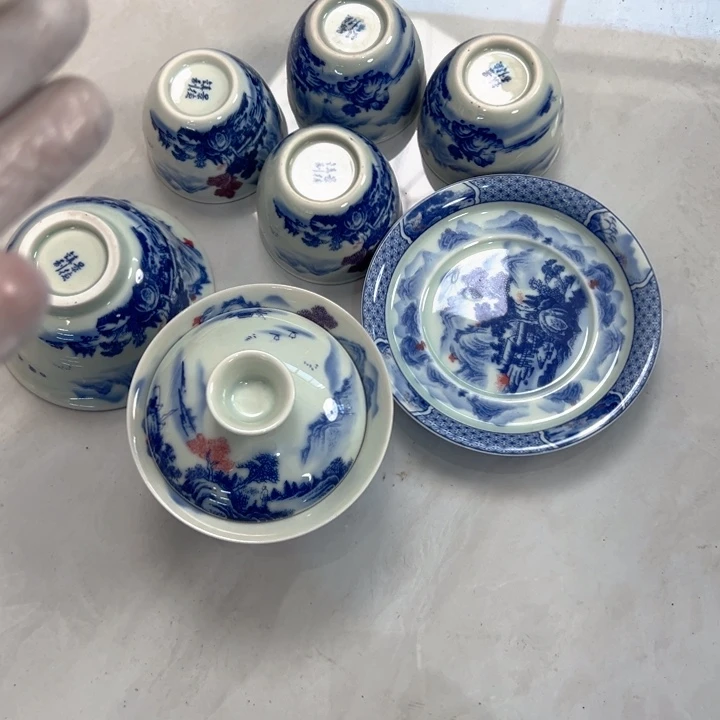 瓷片白青花富春山居图七件套全品