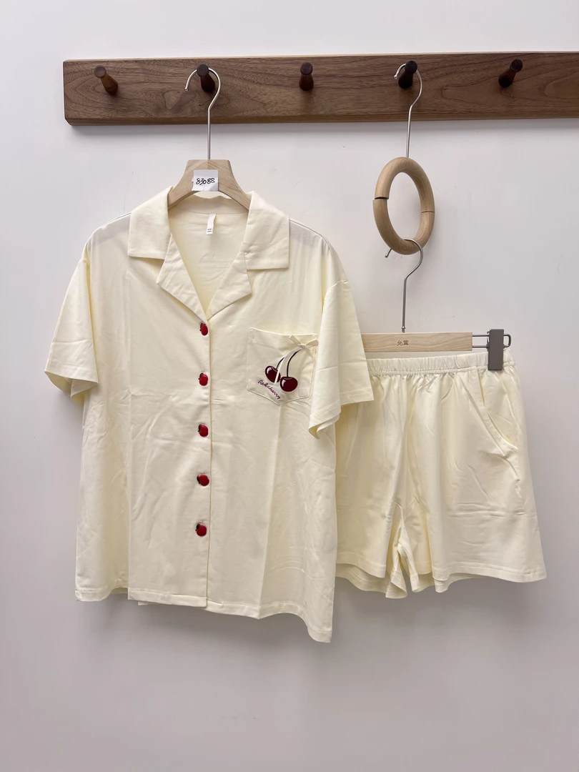 83088短袖夏季短裤薄款睡衣家居服套装男士上衣初恋风珠片